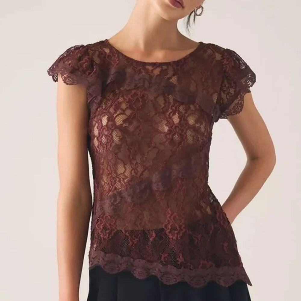 By Anthropologie NWT Plum Maroon Sheer Lace Asymmetrical Feminine Dainty Blouse